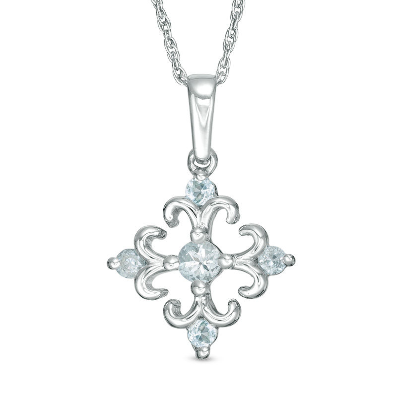 Aquamarine Square Fleur-de-Lis Pendant in Sterling Silver