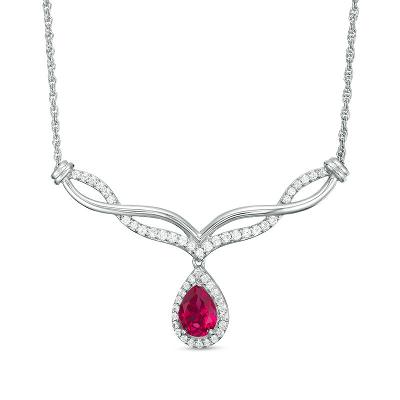 Pear-Shaped Lab-Created Ruby and White Sapphire Braided Chevron Necklace in Sterling Silver