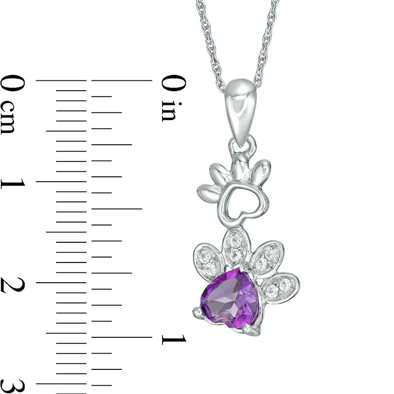 6.0mm Heart-Shaped Amethyst and Lab-Created White Sapphire Paw Prints Pendant in Sterling Silver