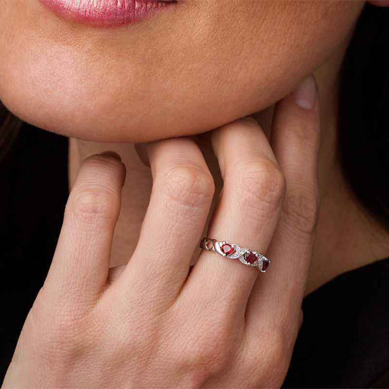 Heart-Shaped Garnet and Lab-Created White Sapphire Braided Vintage-Style Ring in Sterling Silver