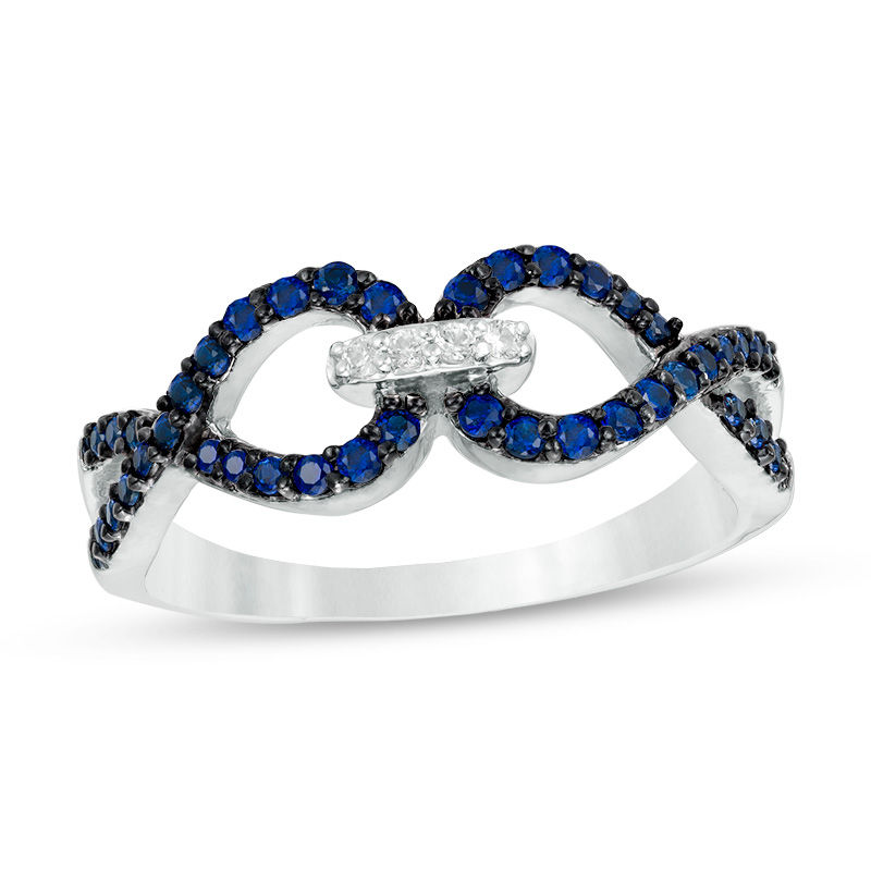 Main Image 1 of Lab-Created Blue and White Sapphire Interlocking Ring in Sterling Silver