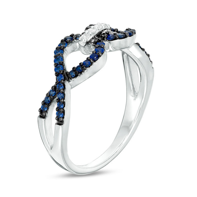 Main Image 2 of Lab-Created Blue and White Sapphire Interlocking Ring in Sterling Silver
