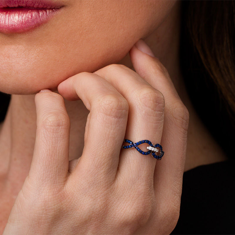 Main Image 3 of Lab-Created Blue and White Sapphire Interlocking Ring in Sterling Silver