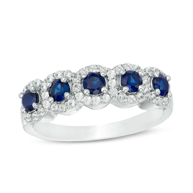 Main Image 1 of Lab-Created Blue and White Sapphire Frame Five Stone Ring in Sterling Silver