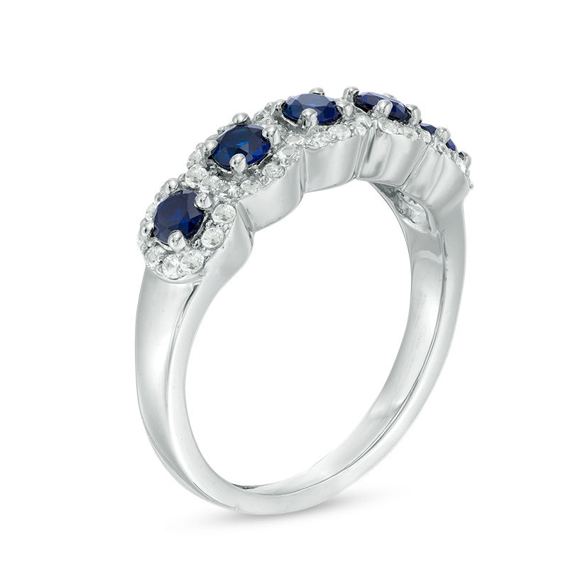 Main Image 2 of Lab-Created Blue and White Sapphire Frame Five Stone Ring in Sterling Silver