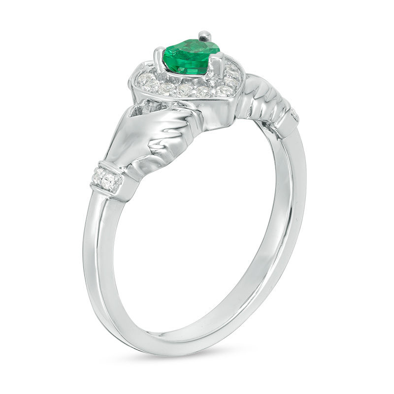 Main Image 2 of 4.0mm Heart-Shaped Lab-Created Emerald and White Sapphire Claddagh Ring in Sterling Silver