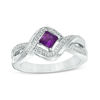 Thumbnail Image 1 of 4.0mm Princess-Cut Amethyst and 1/10 CT. T.W. Diamond Split Shank Ring in Sterling Silver