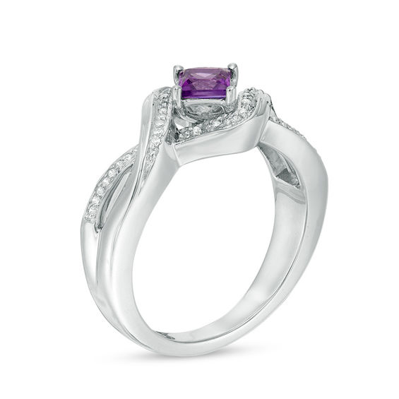 4.0mm Princess-Cut Amethyst and 1/10 CT. T.w. Diamond Split Shank Ring in Sterling Silver
