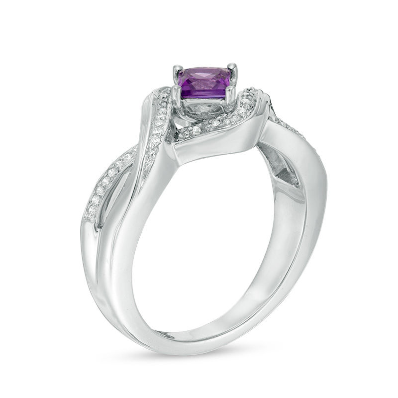 Main Image 2 of 4.0mm Princess-Cut Amethyst and 1/10 CT. T.W. Diamond Split Shank Ring in Sterling Silver