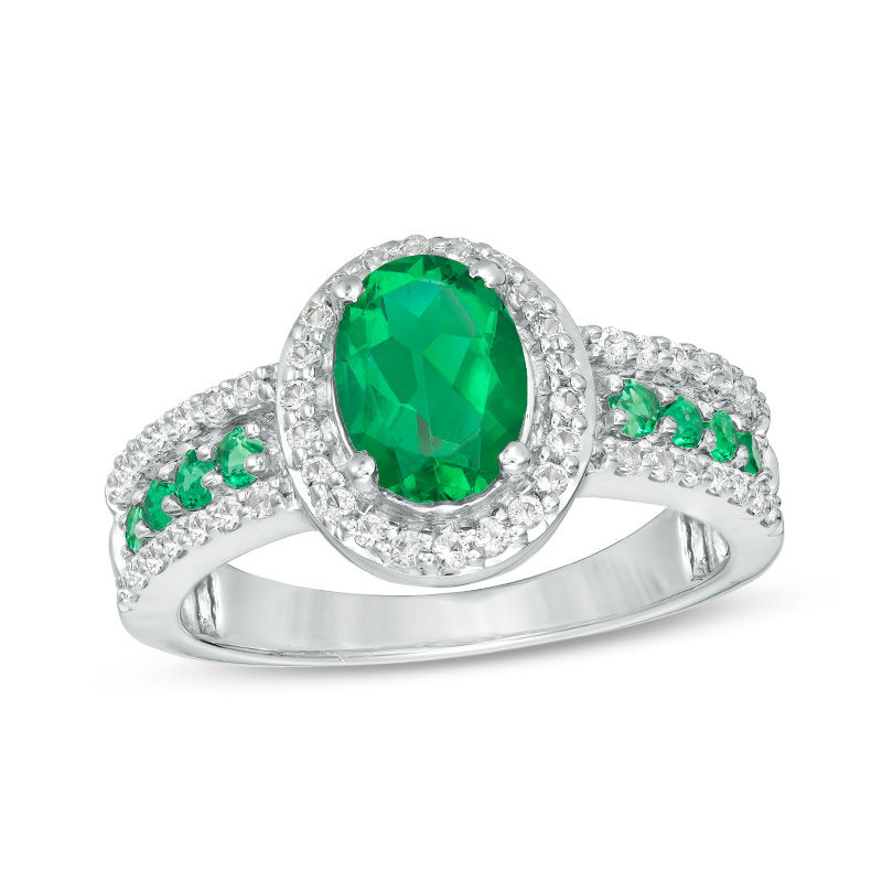 Main Image 1 of Oval Lab-Created Emerald and White Sapphire Frame Ring in Sterling Silver