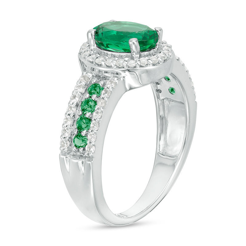 Main Image 2 of Oval Lab-Created Emerald and White Sapphire Frame Ring in Sterling Silver
