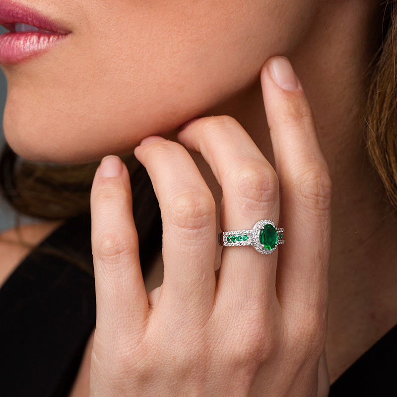 Main Image 3 of Oval Lab-Created Emerald and White Sapphire Frame Ring in Sterling Silver