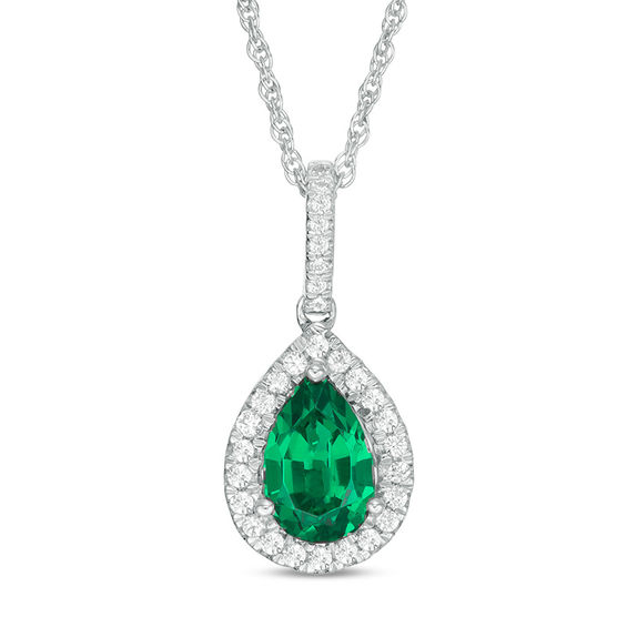 Pear-Shaped Lab-Created Emerald and 1/8 CT. T.w. Diamond Frame Pendant in Sterling Silver