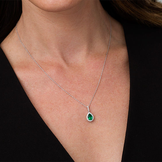 Pear-Shaped Lab-Created Emerald and 1/8 CT. T.w. Diamond Frame Pendant in Sterling Silver