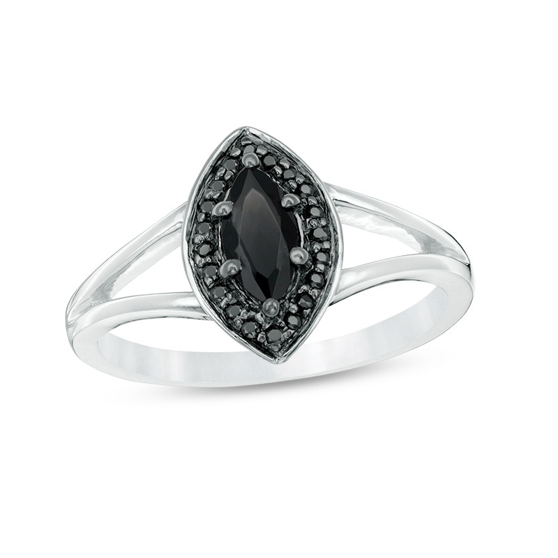 Main Image 1 of Marquise Lab-Created Black Sapphire and 1/10 CT. T.W. Black Diamond Frame Split Shank Ring in Sterling Silver