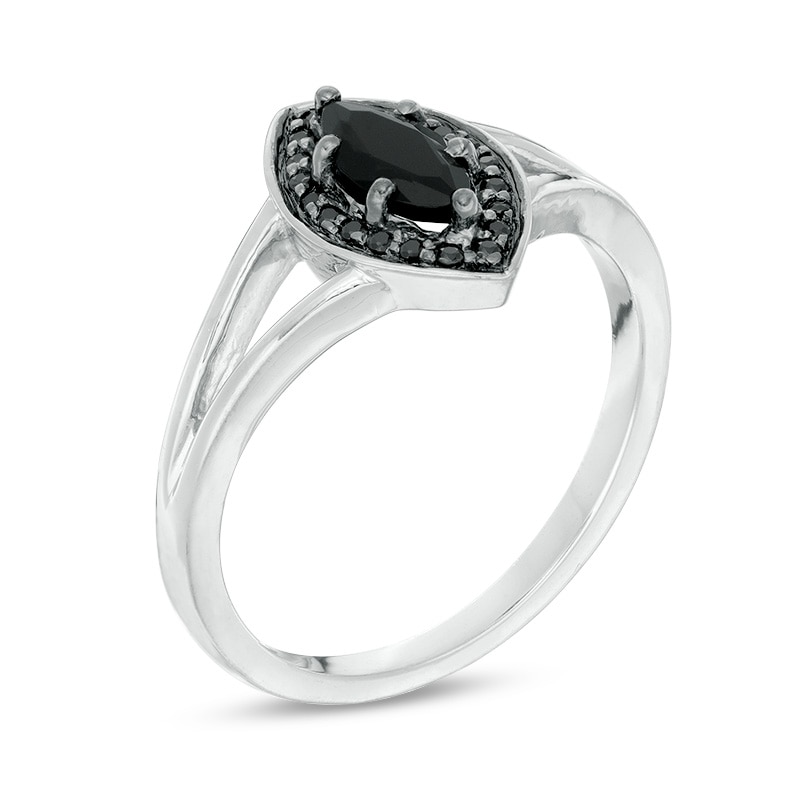 Main Image 2 of Marquise Lab-Created Black Sapphire and 1/10 CT. T.W. Black Diamond Frame Split Shank Ring in Sterling Silver