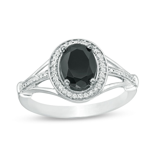 Oval Lab-Created Black Sapphire and 1/10 CT. T.w. Diamond Frame Triple Row Split Shank Ring in Sterling Silver