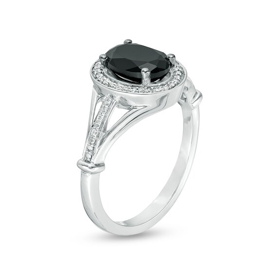 Oval Lab-Created Black Sapphire and 1/10 CT. T.w. Diamond Frame Triple Row Split Shank Ring in Sterling Silver