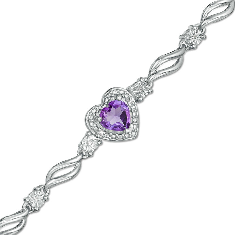 6.0mm Heart-Shaped Amethyst and Diamond Accent Flame Bracelet in Sterling Silver - 7.5"