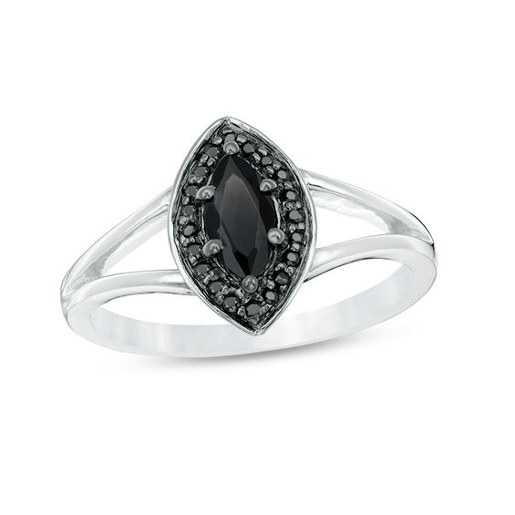 Marquise Lab-Created Black Sapphire and 1/10 CT. T.w. Black Diamond Frame Split Shank Ring in Sterling Silver