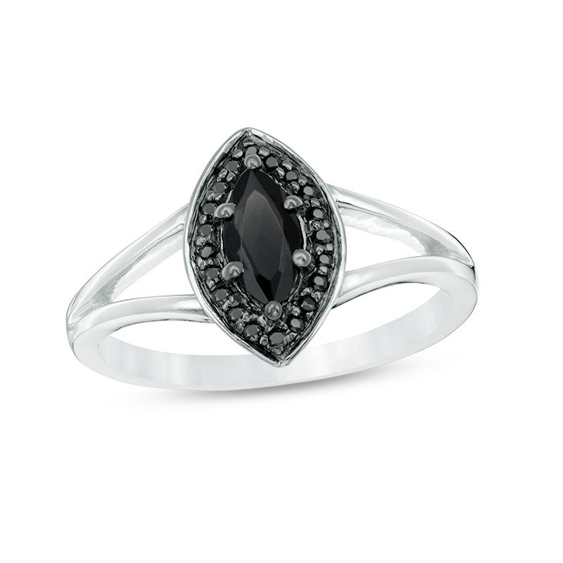 Marquise Lab-Created Black Sapphire and 1/10 CT. T.W. Black Diamond Frame Split Shank Ring in Sterling Silver