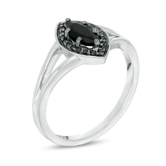 Marquise Lab-Created Black Sapphire and 1/10 CT. T.w. Black Diamond Frame Split Shank Ring in Sterling Silver