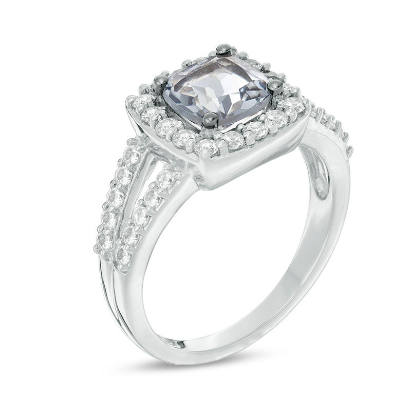 7.0mm Cushion-Cut Lab-Created Grey Spinel and White Sapphire Frame Split Shank Ring in Sterling Silver