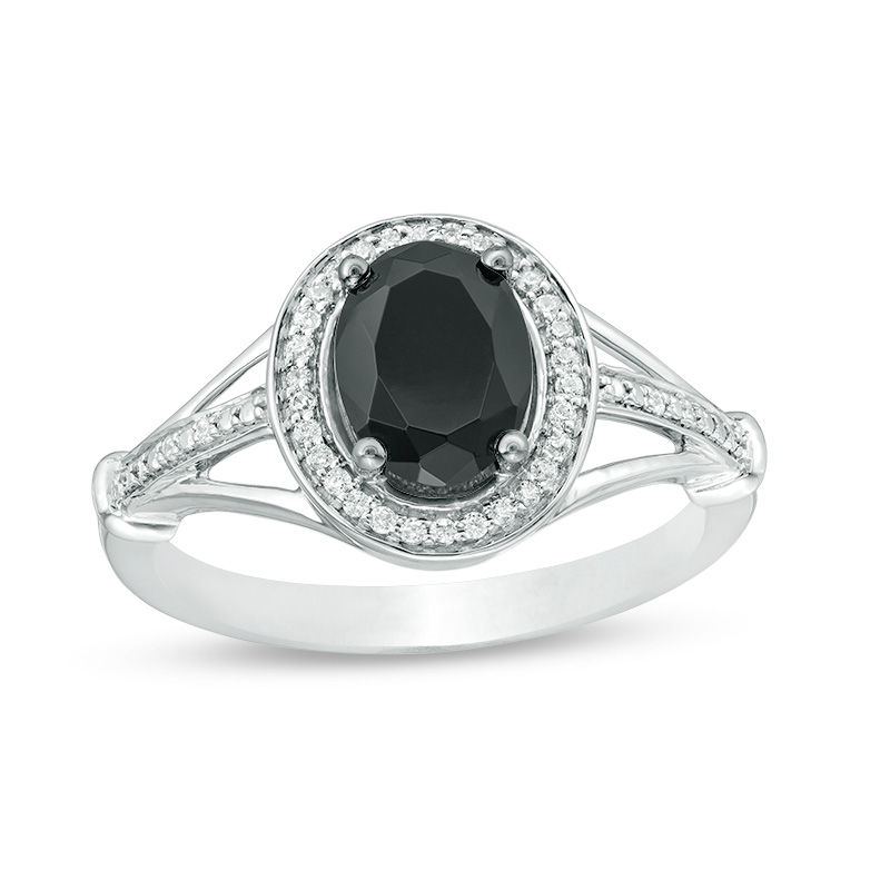 Main Image 1 of Oval Lab-Created Black Sapphire and 1/10 CT. T.W. Diamond Frame Triple Row Split Shank Ring in Sterling Silver