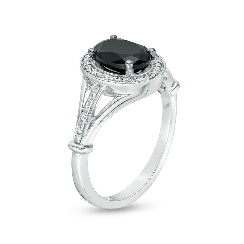 Main Image 2 of Oval Lab-Created Black Sapphire and 1/10 CT. T.W. Diamond Frame Triple Row Split Shank Ring in Sterling Silver