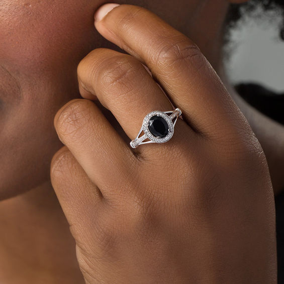 Oval Lab-Created Black Sapphire and 1/10 CT. T.w. Diamond Frame Triple Row Split Shank Ring in Sterling Silver