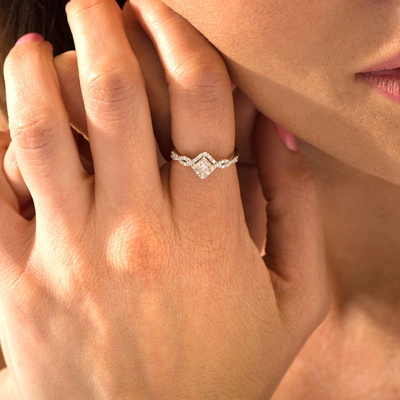 Cherished Promise Collectionâ¢ 1/5 CT. T.w. Princess-Cut Composite Diamond Frame Twist Promise Ring in 10K Two-Tone Gold