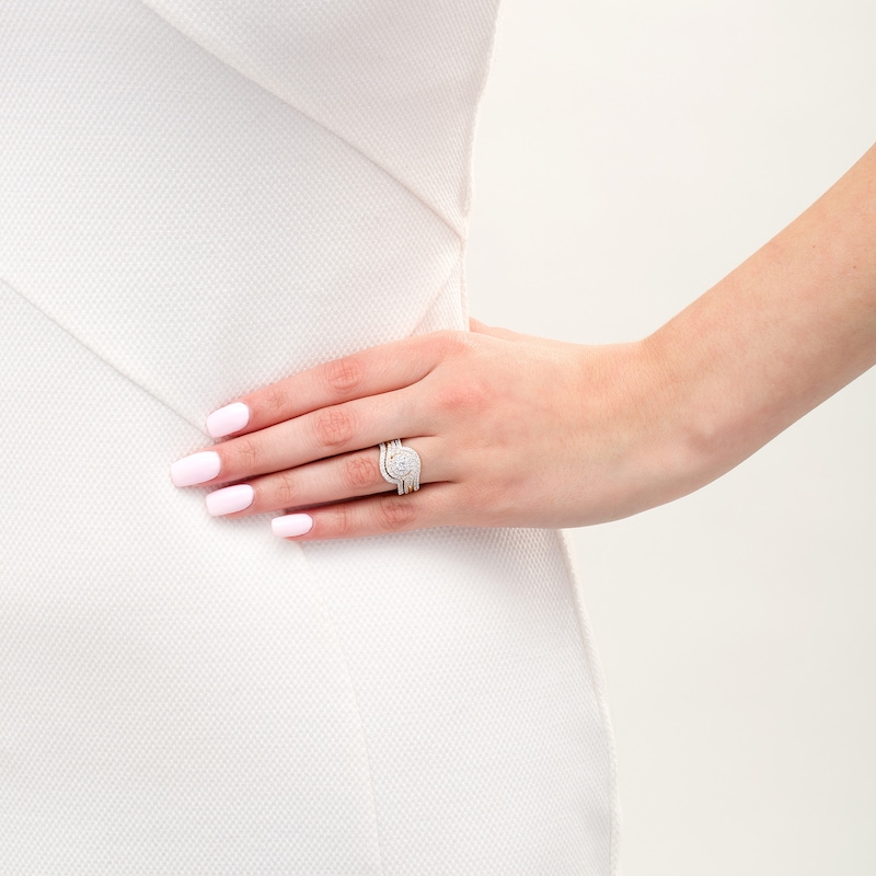Main Image 2 of 1 CT. T.W. Diamond Bypass Swirl Frame Three Piece Bridal Set in 14K Gold