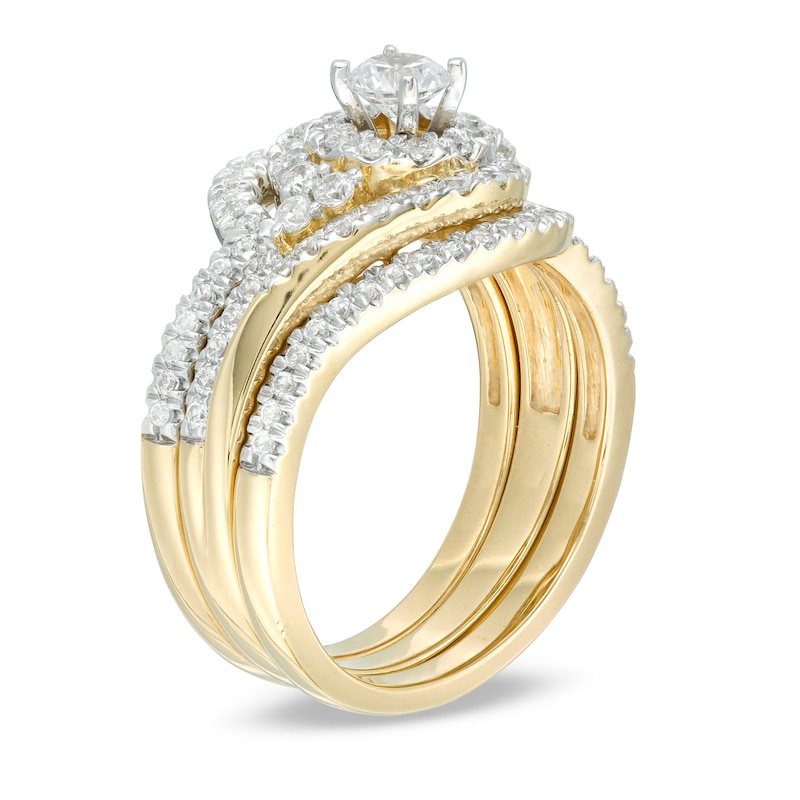 Main Image 3 of 1 CT. T.W. Diamond Bypass Swirl Frame Three Piece Bridal Set in 14K Gold