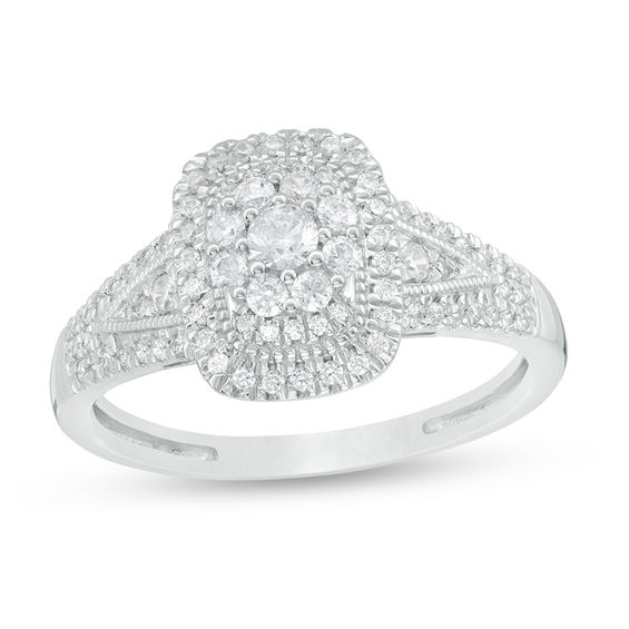 1/2 CT. T.W. Diamond Rectangle Frame V-Sides Vintage-Style Engagement Ring in 14K White Gold 1/2 CT. T.W. Diamond Rectangle Frame V-Sides Vintage-Style Engagement Ring in 14K White Gold