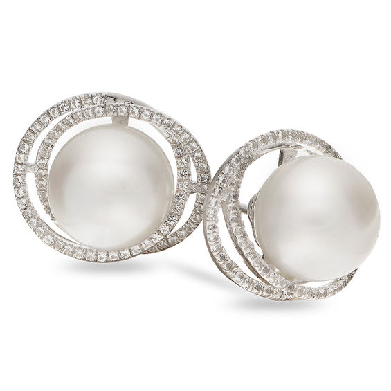 10.0-10.5mm Button Cultured Freshwater Pearl and White Topaz Orbit Stud Earrings in Sterling Silver 10.0-10.5mm Button Cultured Freshwater Pearl and White Topaz Orbit Stud Earrings in Sterling Silver