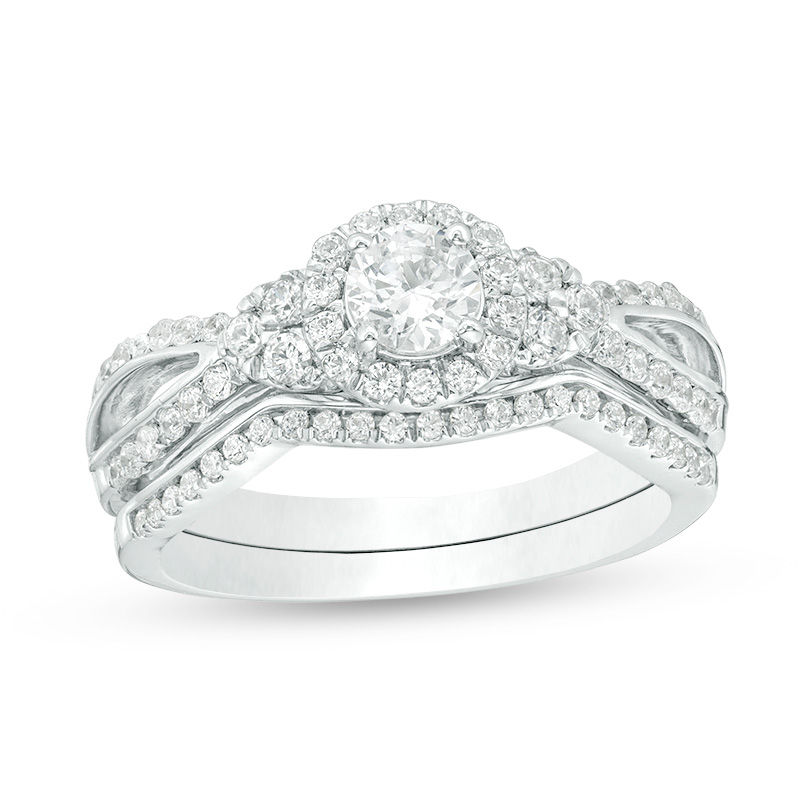 3/4 CT. T.W. Diamond Frame Tri-Sides Bridal Set in 10K White Gold