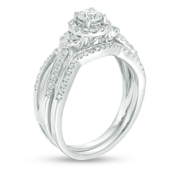 3/4 CT. T.w. Diamond Frame Tri-Sides Bridal Set in 10K White Gold