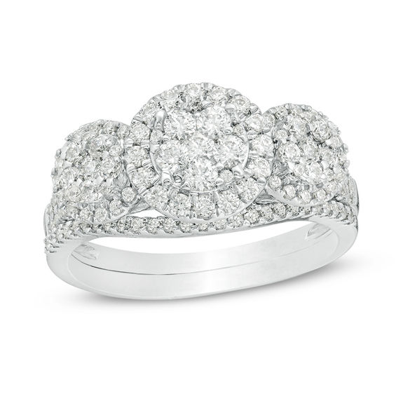 1 CT. T.w. Composite Diamond Three Stone Frame Bridal Set in 10K White Gold