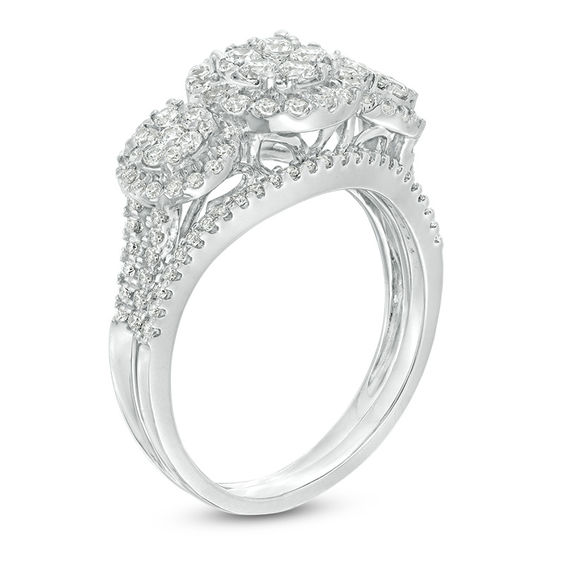 1 CT. T.w. Composite Diamond Three Stone Frame Bridal Set in 10K White Gold