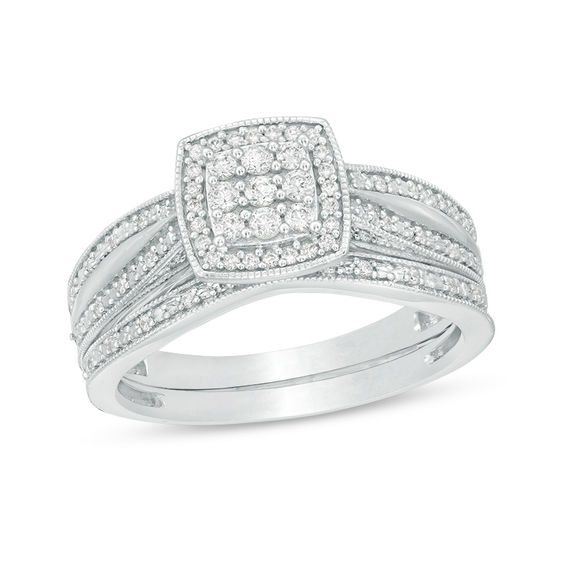 1/4 CT. T.w. Composite Diamond Square Frame Vintage-Style Bridal Set in Sterling Silver