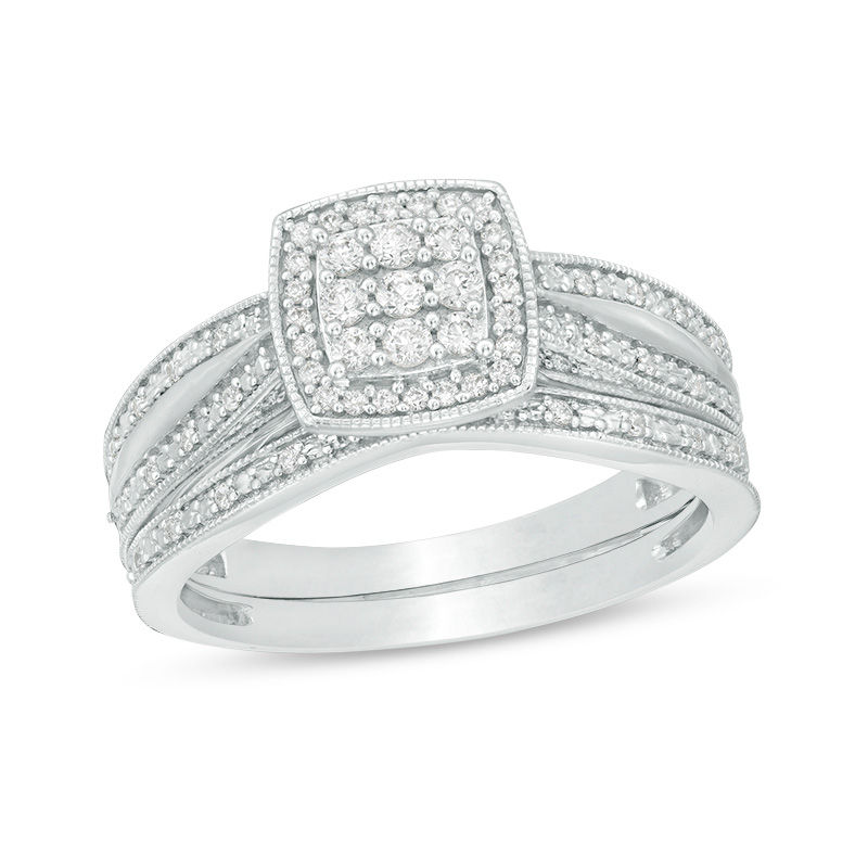 Main Image 1 of 1/4 CT. T.W. Composite Diamond Square Frame Vintage-Style Bridal Set in Sterling Silver
