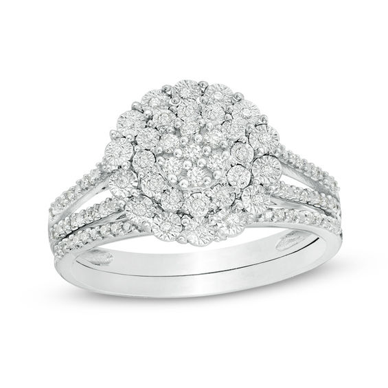 1/4 CT. T.w. Composite Diamond Flower Bridal Set in Sterling Silver
