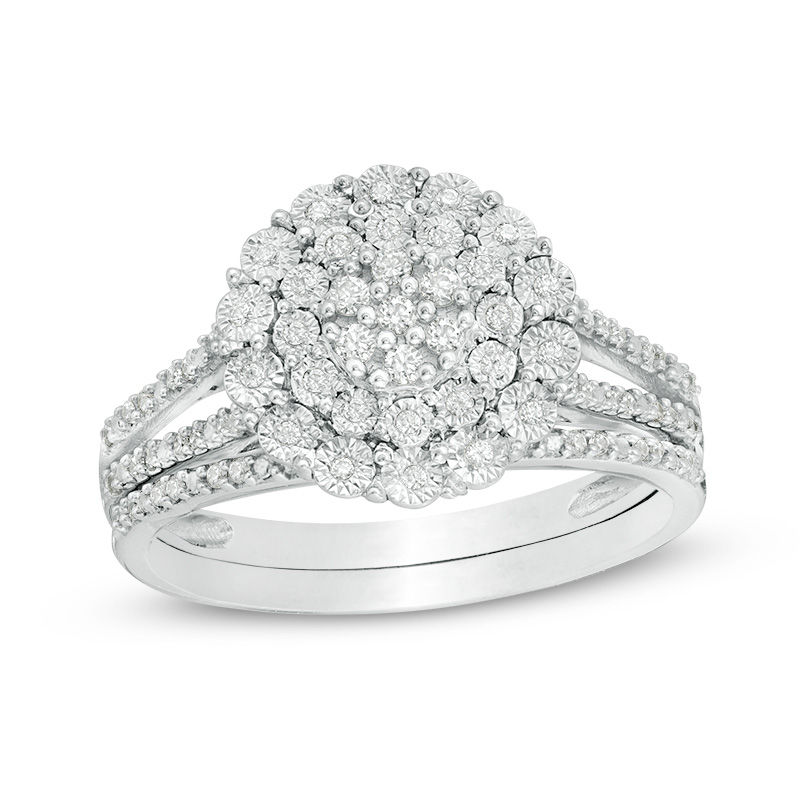 Main Image 1 of 1/4 CT. T.W. Composite Diamond Flower Bridal Set in Sterling Silver