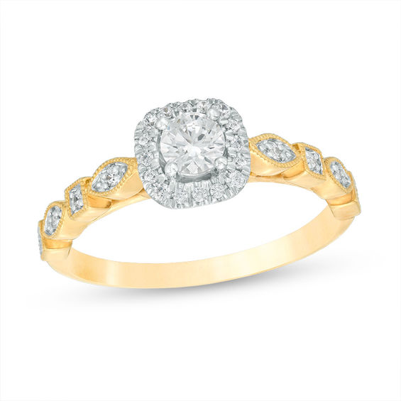 3/8 CT. T.W. Diamond Cushion Frame Alternating Vintage-Style Engagement Ring in 14K Gold 3/8 CT. T.W. Diamond Cushion Frame Alternating Vintage-Style Engagement Ring in 14K Gold