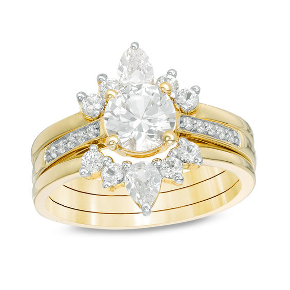 Lab-Created White Sapphire and 1/20 CT. T.w. Diamond Three Piece Bridal Set in Sterling Silver with 14K Gold Plate