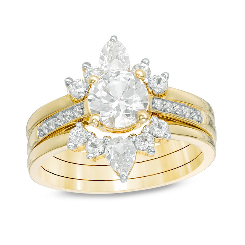 Lab-Created White Sapphire and 1/20 CT. T.W. Diamond Three Piece Bridal Set in Sterling Silver with 14K Gold Plate