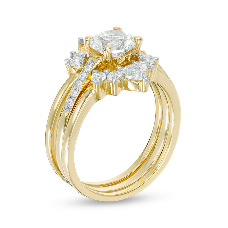 Lab-Created White Sapphire and 1/20 CT. T.W. Diamond Three Piece Bridal Set in Sterling Silver with 14K Gold Plate