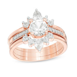 Lab-Created White Sapphire and 1/20 CT. T.W. Diamond Three Piece Bridal Set in Sterling Silver with 14K Rose Gold Plate