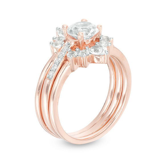 Lab-Created White Sapphire and 1/20 CT. T.w. Diamond Three Piece Bridal Set in Sterling Silver with 14K Rose Gold Plate