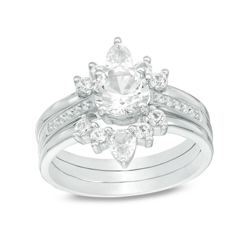 Lab-Created White Sapphire and 1/20 CT. T.W. Diamond Sunburst Three Piece Bridal Set in Sterling Silver